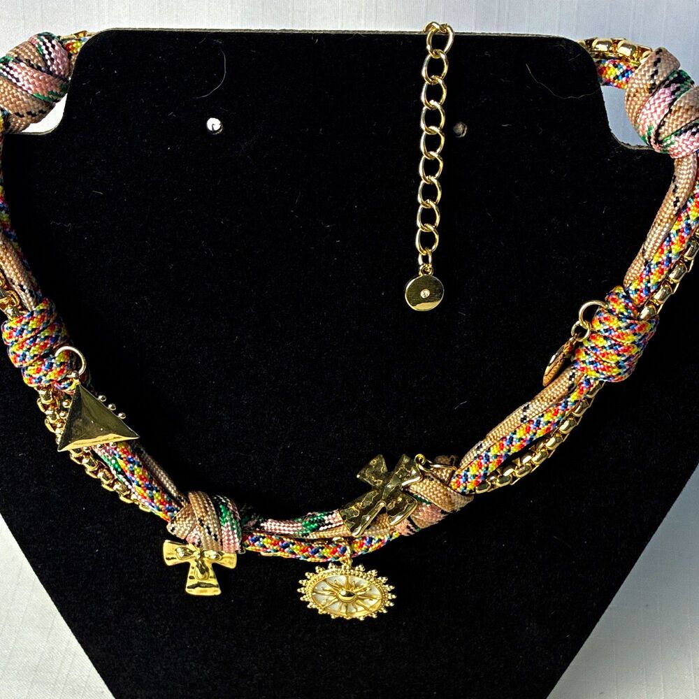 Cord Crystal Charm choker Necklace Yellow Gold Plated Cross 16 to 18 in adjust